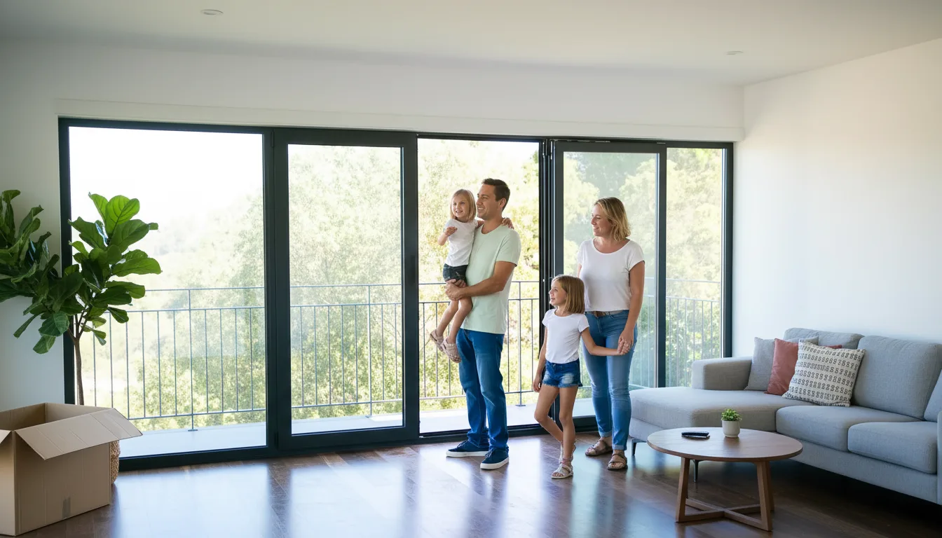 Famiglia davanti a una grande porta finestra aperta sul balcone
